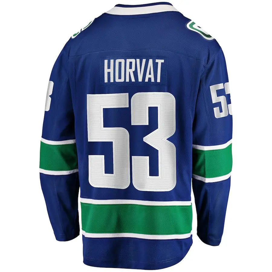 V.Canucks #53 Bo Horvat Fanatics Branded Home Captain Patch Breakaway Player Jersey Blue Purple Stitched American Hockey Jerseys