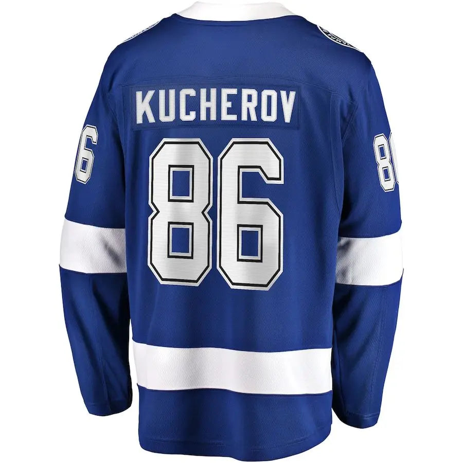 TB.Lightning #86 Nikita Kucherov Fanatics Branded Home 2022 Stanley Cup Final Breakaway Player Jersey Blue Stitched American Hockey Jerseys